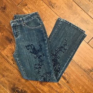 BACCINI • Bootcut Butterfly Jeans Blue Mid Rise Embroidered Rhinestone 4 Petite